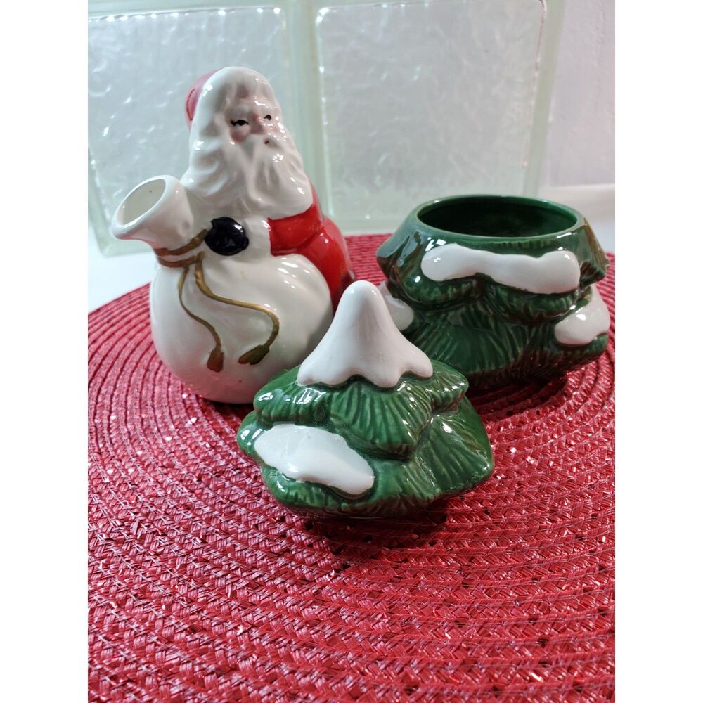 Vintage Santa and Christmas Tree Ceramic Sugar and Creamer Set